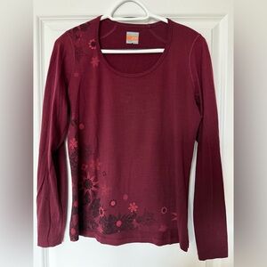 Icebreaker Maroon Floral Base Layer Top 100% Marino Wool